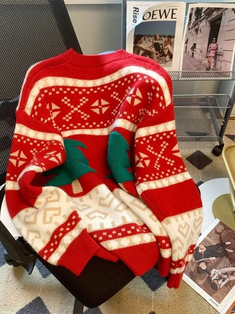 Sweet Christmas Tree Red Sweater Women Long Sleeve O Neck Cute Knit Pullover Harajuku Y2K Preppy Style Casual Lazy Jumper