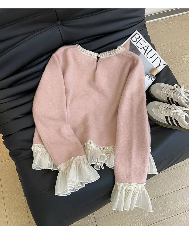 New Winter Sweet Loose Beaded Ruffled Pink Sweater for Women Fashion Versatile Casual and Elegant Knitted Sweater