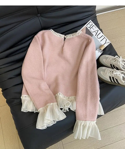 New Winter Sweet Loose Beaded Ruffled Pink Sweater for Women Fashion Versatile Casual and Elegant Knitted Sweater