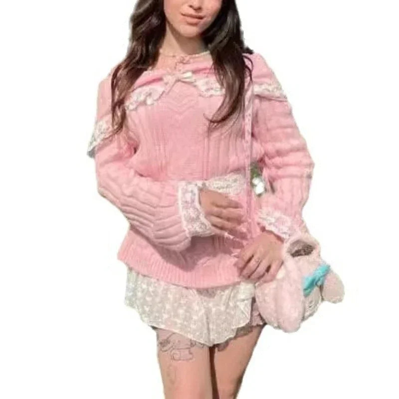 Sweet And Fresh Women's Sweater 2024 Autumn And Winter Bow Solid Color Cute Lace Single Shoulder Strap Sweater Girlish Style.
