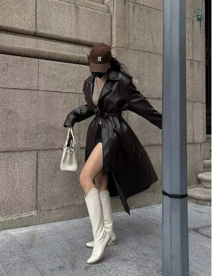 Women Faux PU Leather Coats Turn Down Collar Black High Waist Lace Up Long Jackets Casual Elegant Y2k Maxi Loose Windbreak