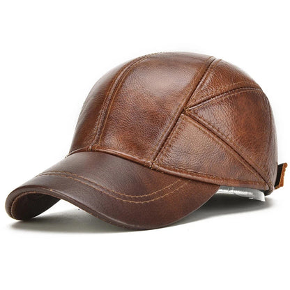 Hot Sale Casual Real Leather Earflap Cap Men's Real Cowhide Leather Caps Male Fall Winter Genuine Real Cow Leather Baseball Hats