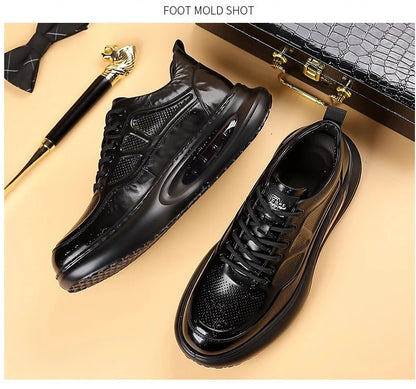 Genuine Leather Shoes Men Trendy Athletic Casual Walking Business Office Air Cushion Sneaker Sports Lightweight Streetwear Brown