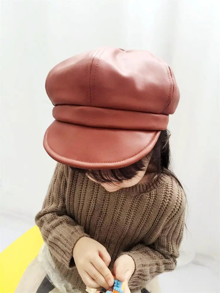 Kids Boys Girls PU Leather Hat 2024 New Arrival Children Princess Retro Beret Cap British Style Plaid Striped Cap Steetwear Hat