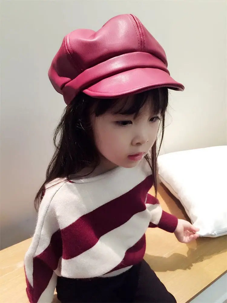 Kids Boys Girls PU Leather Hat 2024 New Arrival Children Princess Retro Beret Cap British Style Plaid Striped Cap Steetwear Hat