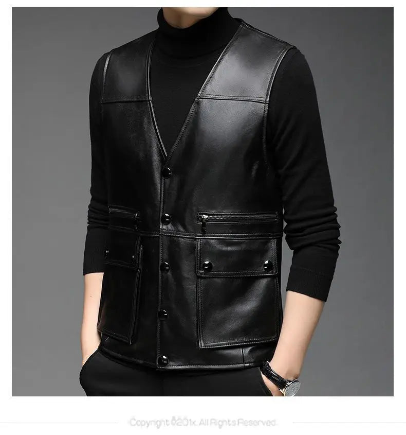 Genuine Leather Motorcycle Vest Mens sheepskin Leather Waistcoat biker sleeveless jacket clothing chaleco bullet proof club vest