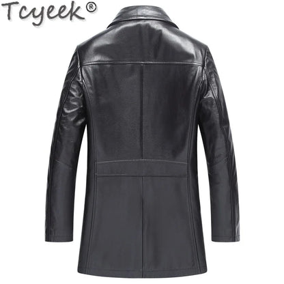 Tcyeek Real Cowhide Genuine Leather Man Jackets Mid-length Trench Coat Spring Autumn Suit Jacket Men Clothing Jaqueta De Couro