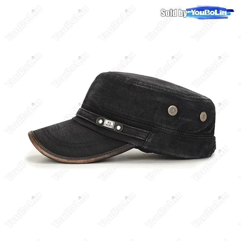 Leather Brim Washed Distressed Cotton Adjustable Military School Flat Cap Sun Hat Trucker Caps Dad Hats