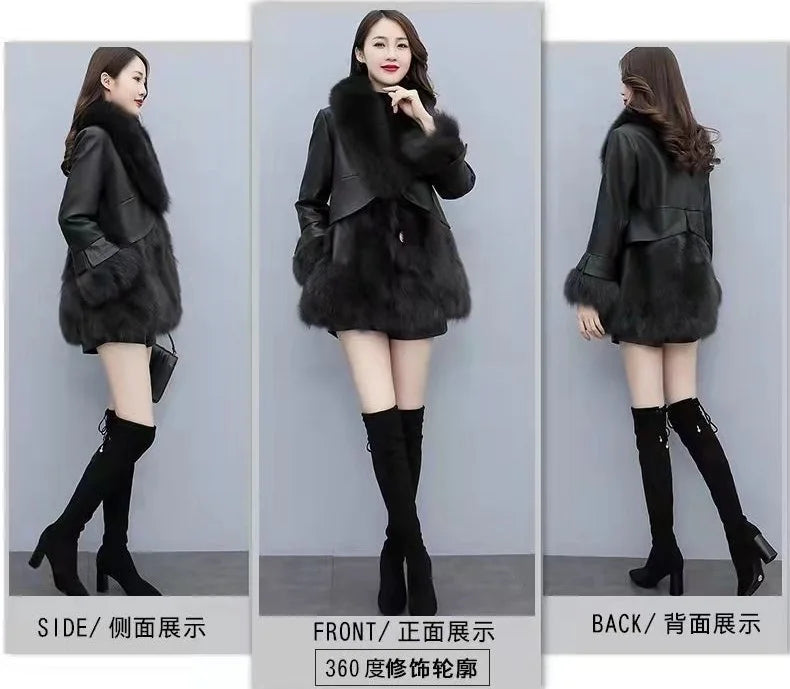 Chic Leather Jacket Women's Overcoat 2024 Autumn Winter New Faux Fox Fur Mid-Length PU Leather Stitching Thick Warm Coat Outwear