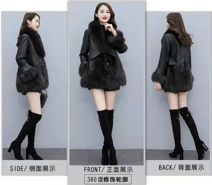 Chic Leather Jacket Women's Overcoat 2024 Autumn Winter New Faux Fox Fur Mid-Length PU Leather Stitching Thick Warm Coat Outwear