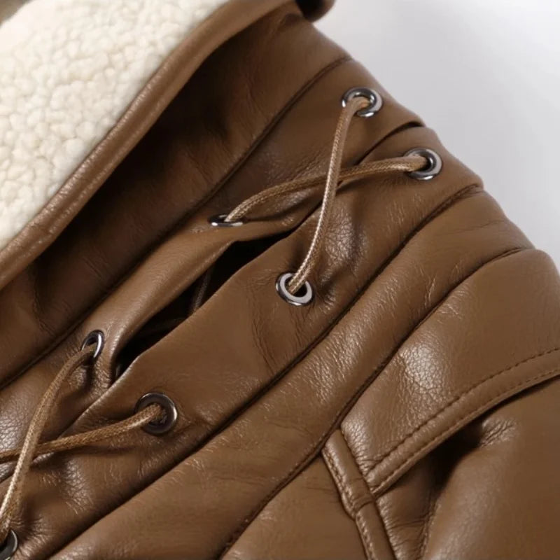Leather Jackets Women's With Belt Fur Coat Streetwear Fashion Solid Outwear Woman Elegant Jackets Chaqueta De Cuero Para Mujer