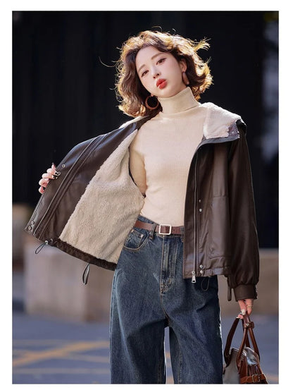 2025 Winter Leather Jacket Women Add-velvet Thicken Warm Coats Loose Hooded Short Jackets Streetwear Windproof Leather Outerwear