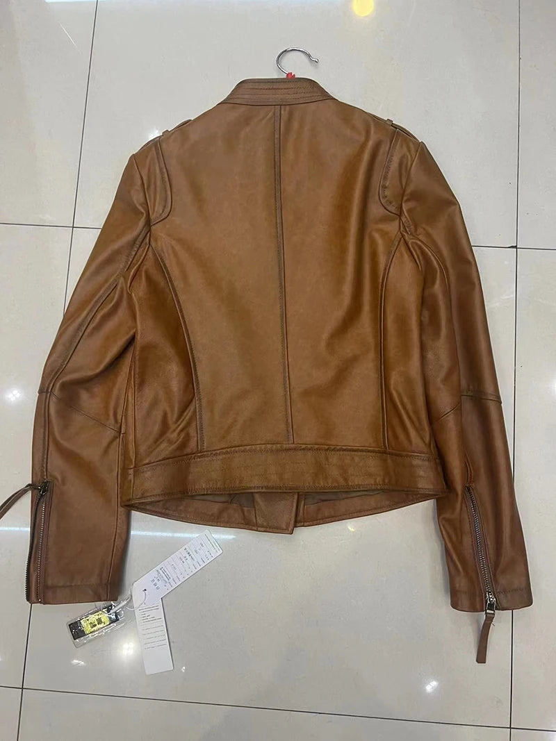 Leather Coat Women Short All-match European Fashion Biker Genuine Sheepskin Black Jackets Zipper Pocket Jaqueta Couro Feminina