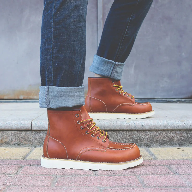 Genuine Leather Men's Boots Vintage Tooling Boots Man Short Boot Rhubarb Boots Men's High Top Men's Shoes Leather