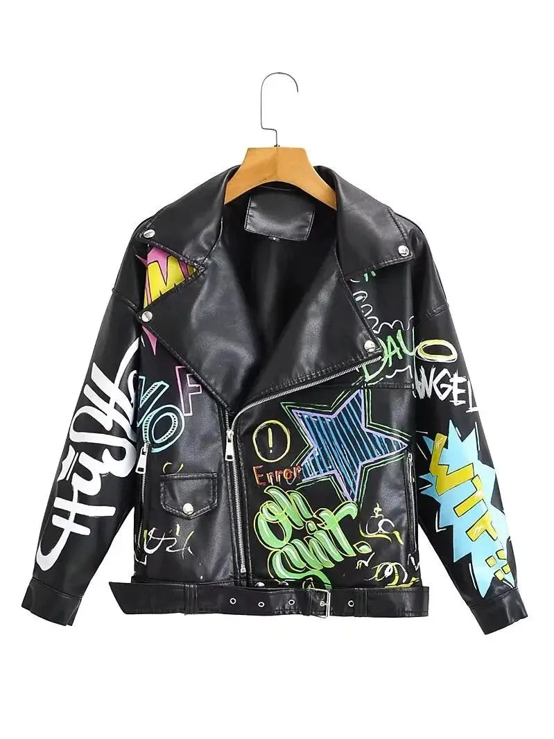 Fashion Brand Coat PU Leather Jacket Women Colorful Print Graffiti Soft Punk Coats Slim Locomotive Cropped Jacket Leather Top 1