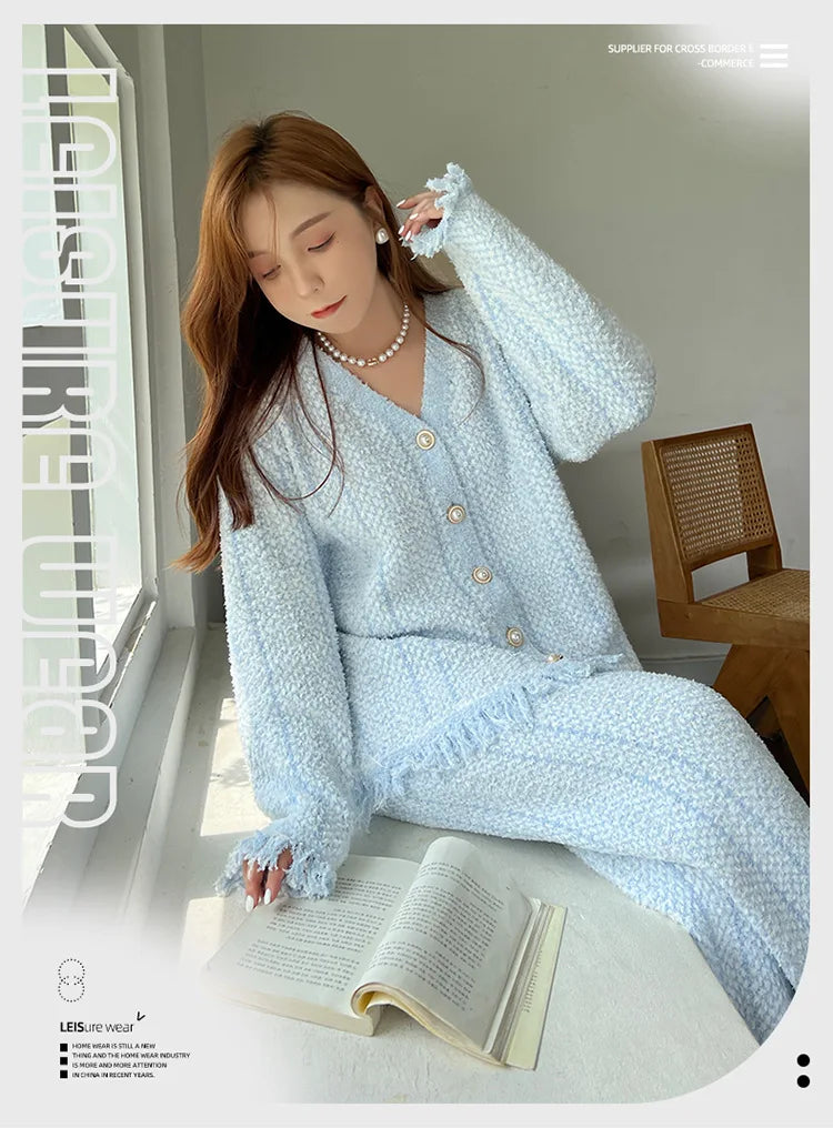 Winter Ins Sweet Tassel Cardigan Set Sleepwear Women's Winter Thick Warm Knitted Home Clothes Two Piece Set Light Blue