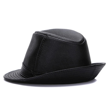 Men's Gentlemen's Fedora Hat Genuine 100% Cowhide Leather Trilby Cap Real Cowhide Leather Jazz Casual Autumn Winter Top Cap