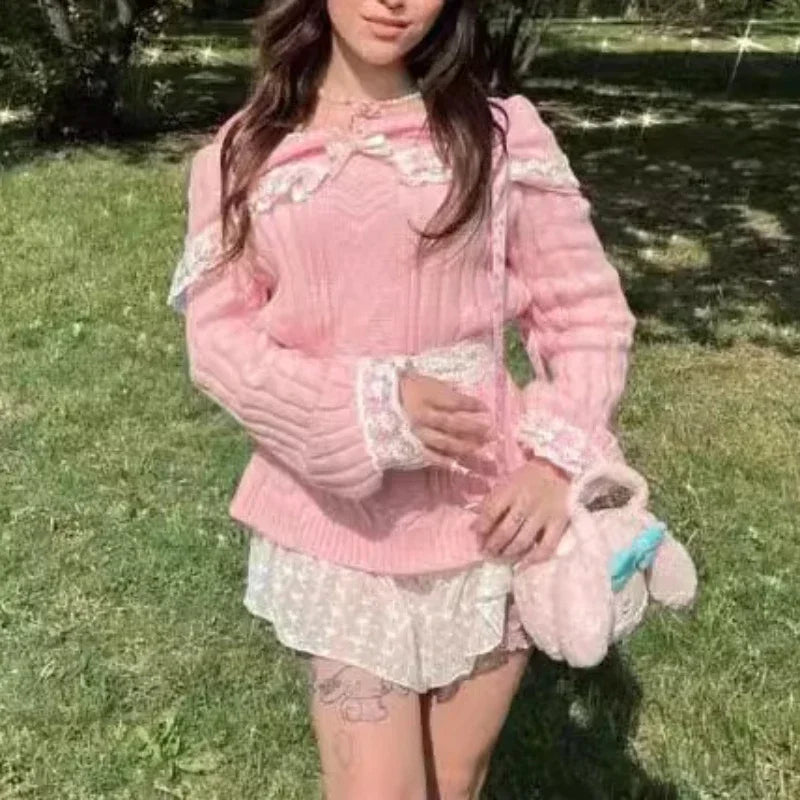 Sweet And Fresh Women's Sweater 2024 Autumn And Winter Bow Solid Color Cute Lace Single Shoulder Strap Sweater Girlish Style.