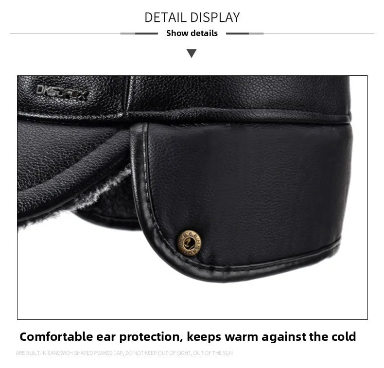 Mens Leather Flat Top Baseball Cap Warm Ear Hat for Elderly in Autumn Winter Thickened Fleece-lined Cold Cap