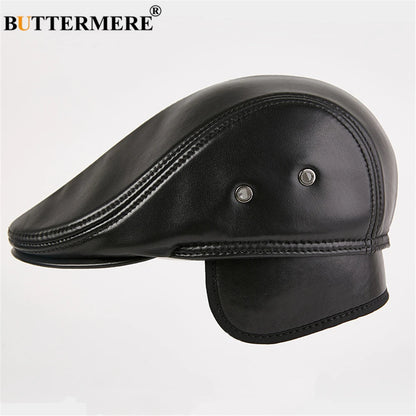 BUTTERMERE Men Flat Cap Sheepskin Real Leather  Cap Male Royal Blue Autumn Winer Earflaps Men's Duckbill Ivy Cap