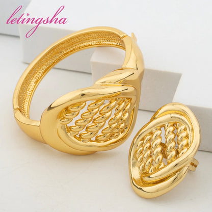 Fashion Jewelry Set for Women Large Hoop Earrings and Bangle Ring Weddings Bride Trendy Bracelet and Earrings Jewelry Set