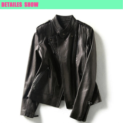 Leather Coat Women Short All-match European Fashion Biker Genuine Sheepskin Black Jackets Zipper Pocket Jaqueta Couro Feminina