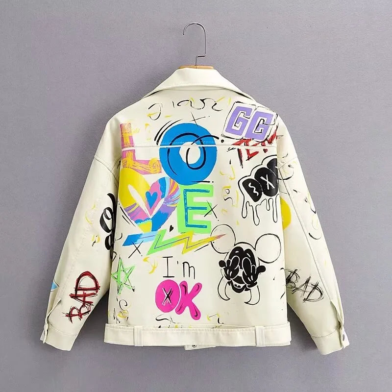 Fashion Brand Coat PU Leather Jacket Women Colorful Print Graffiti Soft Punk Coats Slim Locomotive Cropped Jacket Leather Top 1