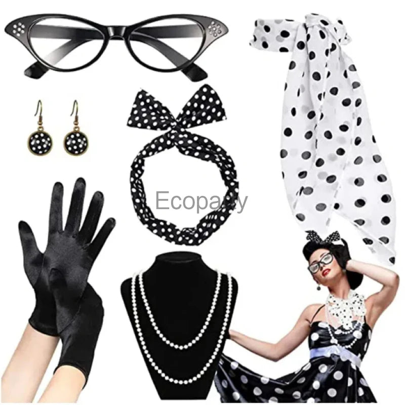 1950's Costume Accessories For Women Retro Polka Dot Headband Necklace Chiffon Scarf Eyeglasses Earrings Set Girls Party Outfits