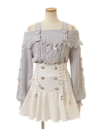 Japanese Sweet Bow Long-sleeve Knitted Pullover Sweater Autumn Winter New Off-shoulder Sexy Lolita Girls Liz Sweater Jumper Top