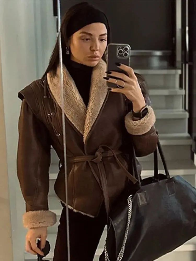 Leather Jackets Women's With Belt Fur Coat Streetwear Fashion Solid Outwear Woman Elegant Jackets Chaqueta De Cuero Para Mujer