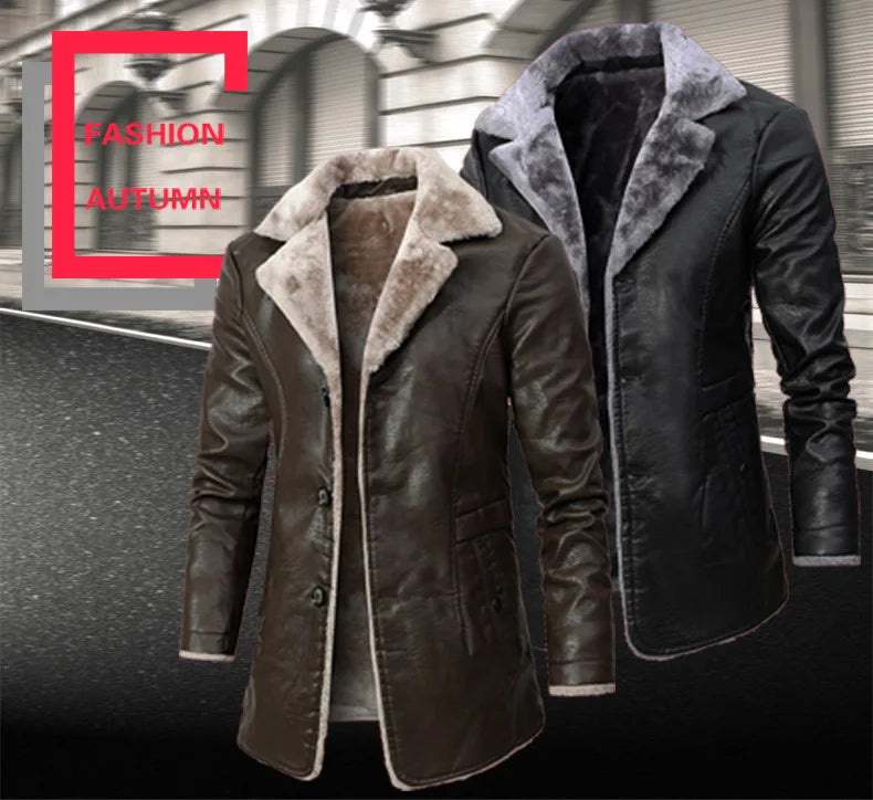 Men's Long Leather Coat PU Jacket for Men Winter Warm Fleece Lined Business Overcoat Trench Mens Outerwear Motorcycle Jacket