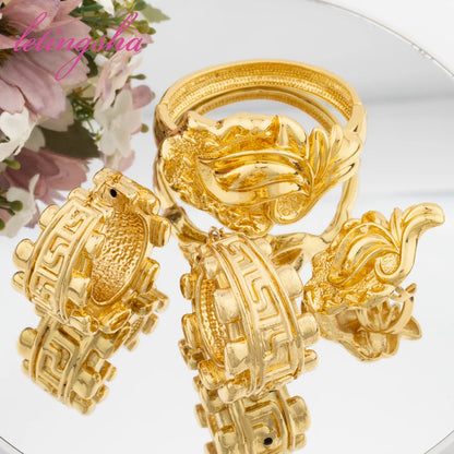Fashion Jewelry Set for Women Large Hoop Earrings and Bangle Ring Weddings Bride Trendy Bracelet and Earrings Jewelry Set