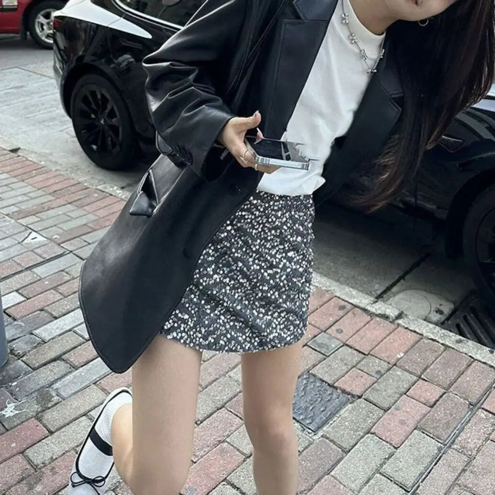 Fashion Lapel Collar Leather Jacket Women Outerwear Korean Chic Vintage PU Coats Loose Retro Suit Leather Jacket Autumn/Winter