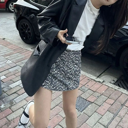 Fashion Lapel Collar Leather Jacket Women Outerwear Korean Chic Vintage PU Coats Loose Retro Suit Leather Jacket Autumn/Winter