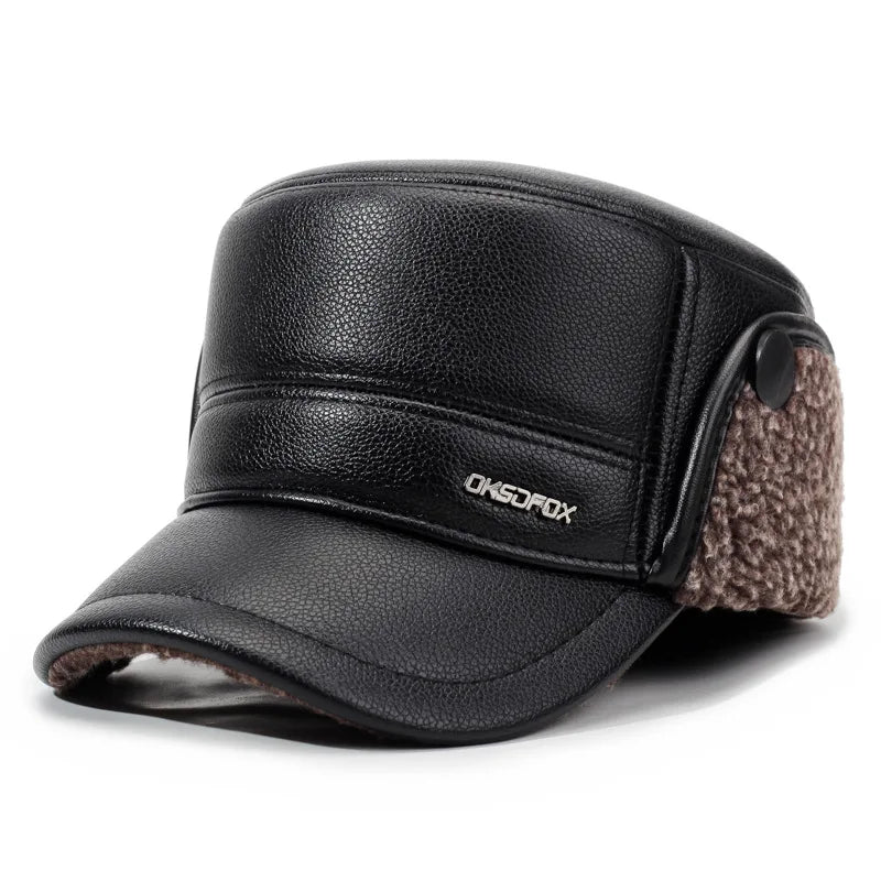 Mens Leather Flat Top Baseball Cap Warm Ear Hat for Elderly in Autumn Winter Thickened Fleece-lined Cold Cap