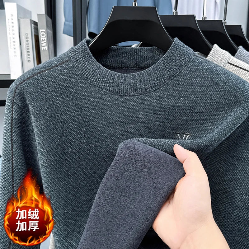 Winter 2025 Men's Sweater with Fleece and Mink Fur for Middle-aged Warmth, Integrated Fleece Base, Embroidered Round Neck Top
