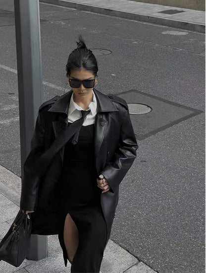 Women Faux PU Leather Coats Turn Down Collar Black High Waist Lace Up Long Jackets Casual Elegant Y2k Maxi Loose Windbreak