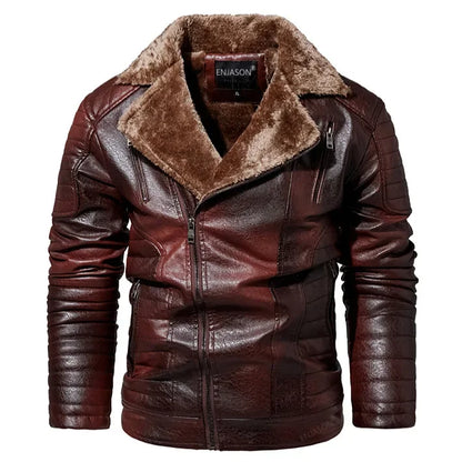 Men Leather Jacket Fur Integrated Locomotive Leather Jacket Coats Long Sleeve Zipper Fur Collar Motorcycle Outwear Faux Leather