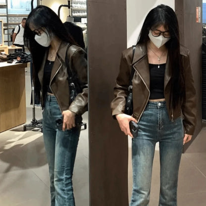 Classic Pleated Leather Jacket Women Korean Chic Outerwear Vintage PU Coats Lapel Collar Zipper Overcoat Autumn/Winter