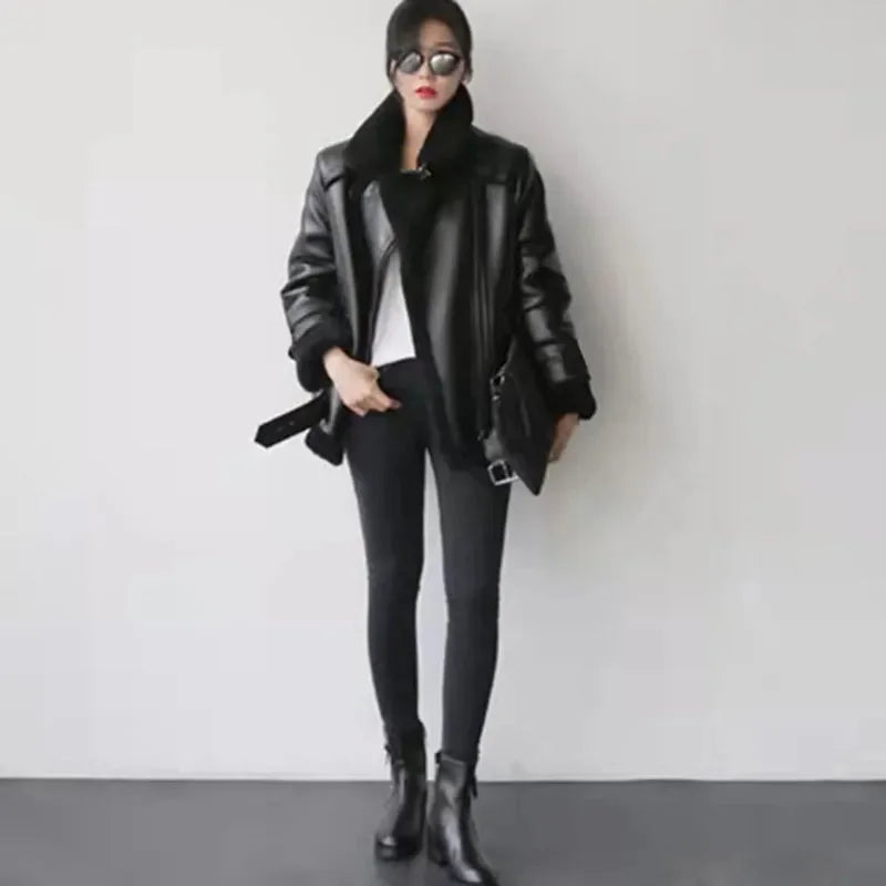Women Leatherette Coat Female Loose Outwear Extra Thick Warm Extra Thick Lamb Wool New Autumn Winter Pu Leather Jacket