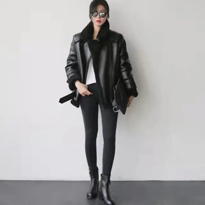Women Leatherette Coat Female Loose Outwear Extra Thick Warm Extra Thick Lamb Wool New Autumn Winter Pu Leather Jacket