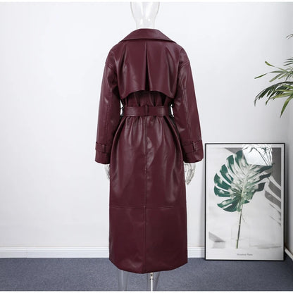 Fashion PU Leather Long Overcoats With Belt Women Luxury Lapel Button Oversize Jackets Female 2025 Autumn High Street Outerwear