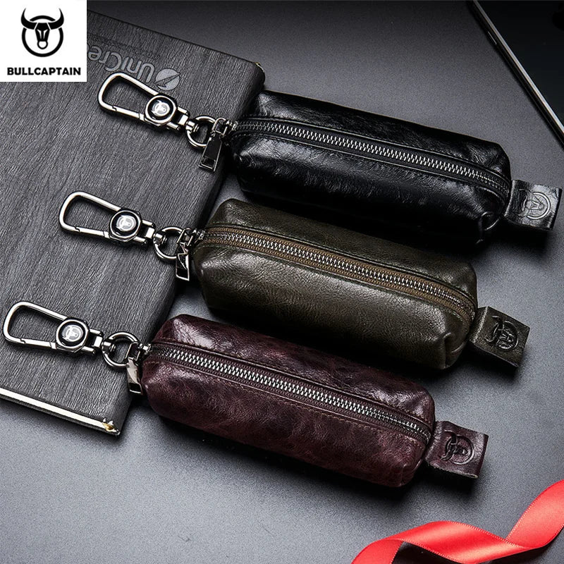 BULLCAPTAIN Genuine Leather Men's Car Keychain Leather Key Case High Quality Men's Butler Key Clip Zipper Two Card Key Case