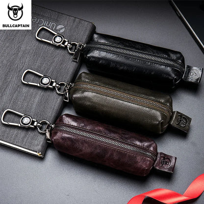 BULLCAPTAIN Genuine Leather Men's Car Keychain Leather Key Case High Quality Men's Butler Key Clip Zipper Two Card Key Case