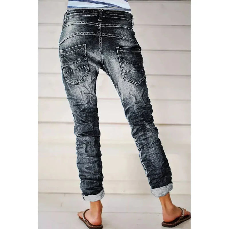 Jeans for Women Drawstring Elastic-waisted Jeans Casual Button Baggy Jeans Women Trousers Straight Women Wide-leg Pants Slouchy