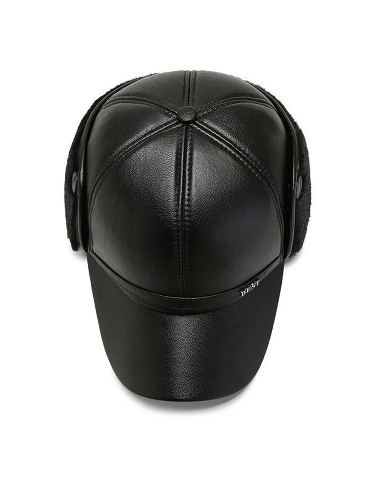 Men's Casual Cuffed Soft Leather Baseball Cap for Middle-Aged and Elderly, Warm for Winter
