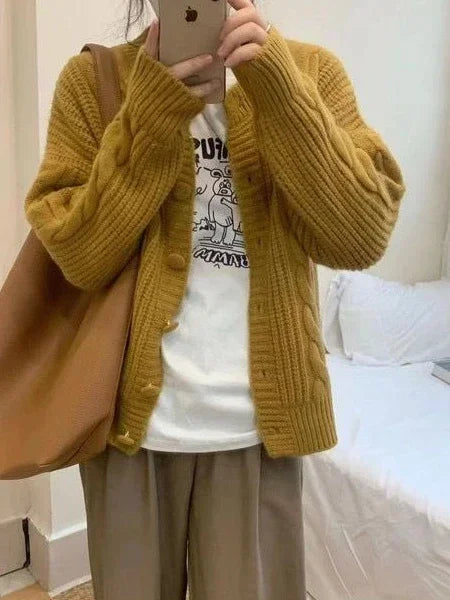 Ladies Sweaters Winter Button Kawaii Knitted Top For Women Yellow Cute Cardigan Designer Y2k Fashion Korea Korean Luxury Jumper