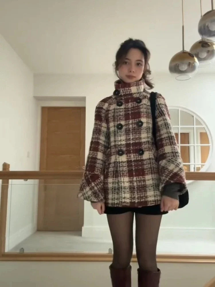 Autumn Winter Chic Coat Warm Checkered Turtleneck Shoulder Straight Coat Women Double Breasted Full Sleeve Middle Long Coat Lady