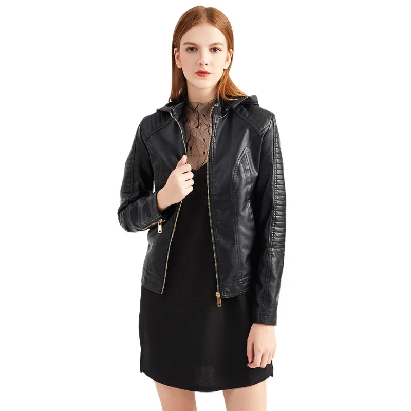 Faux Leather Women Coat Hooded Full Sleeve Slim Fit Solid Sexy Regular Jackets Zipper Casual Splice Coats Thick Warm Jacket