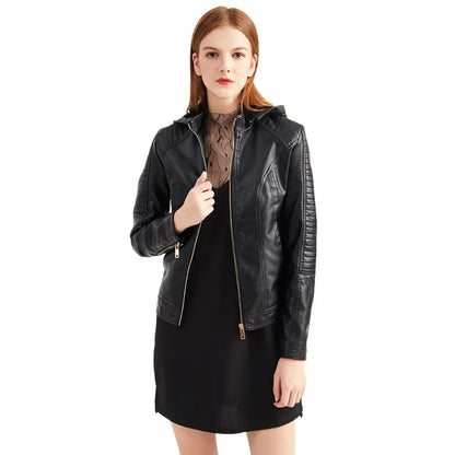 Faux Leather Women Coat Hooded Full Sleeve Slim Fit Solid Sexy Regular Jackets Zipper Casual Splice Coats Thick Warm Jacket